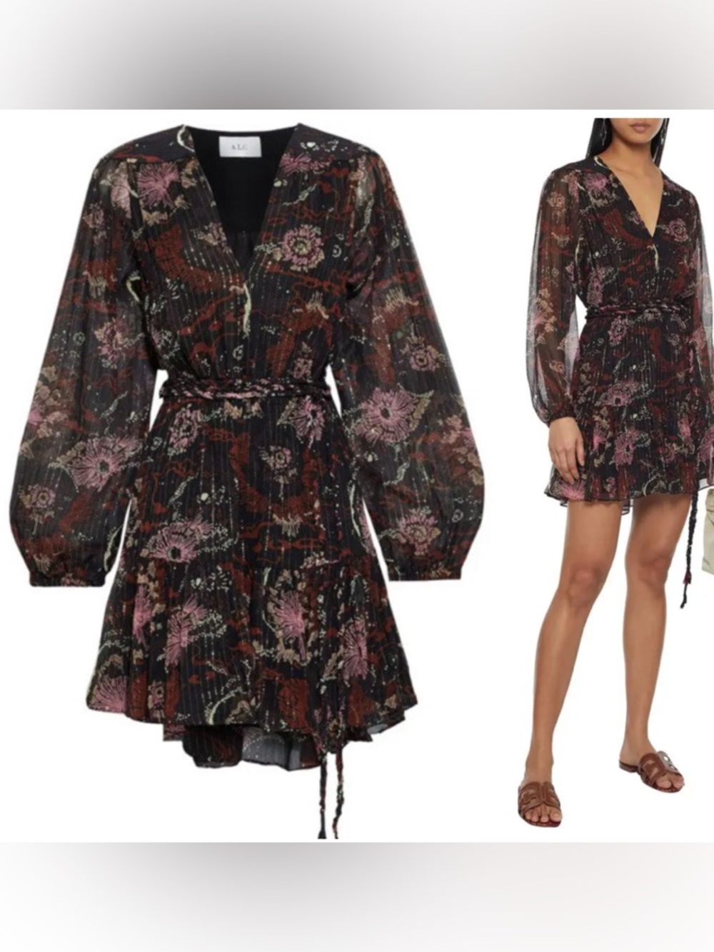 A.L.C. Black Floral Tie-Waist Mini Dress